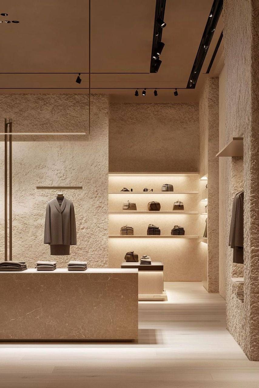 Boutique de luxe aux murs de pierre beige : comptoir en pierre, manteau sur un buste, étagères éclairées